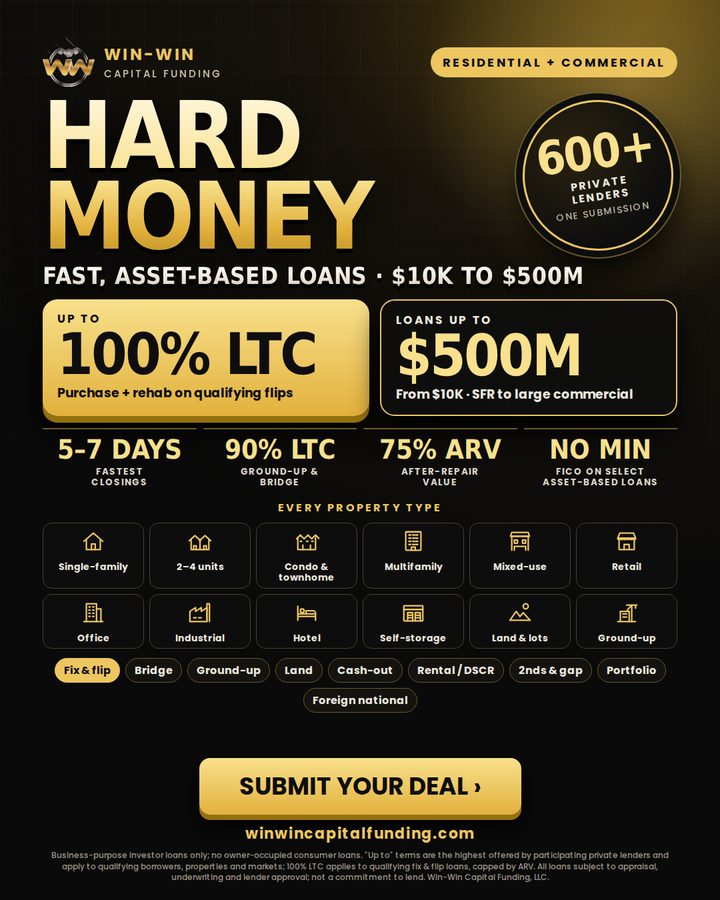 Hard money loans flyer: residential and commercial, $10K to $500M, up to 100% LTC on qualifying flips: Win-Win Capital Funding