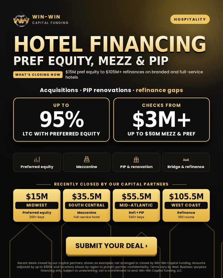 Hotel financing: pref equity, mezz & PIP flyer: Win-Win Capital Funding