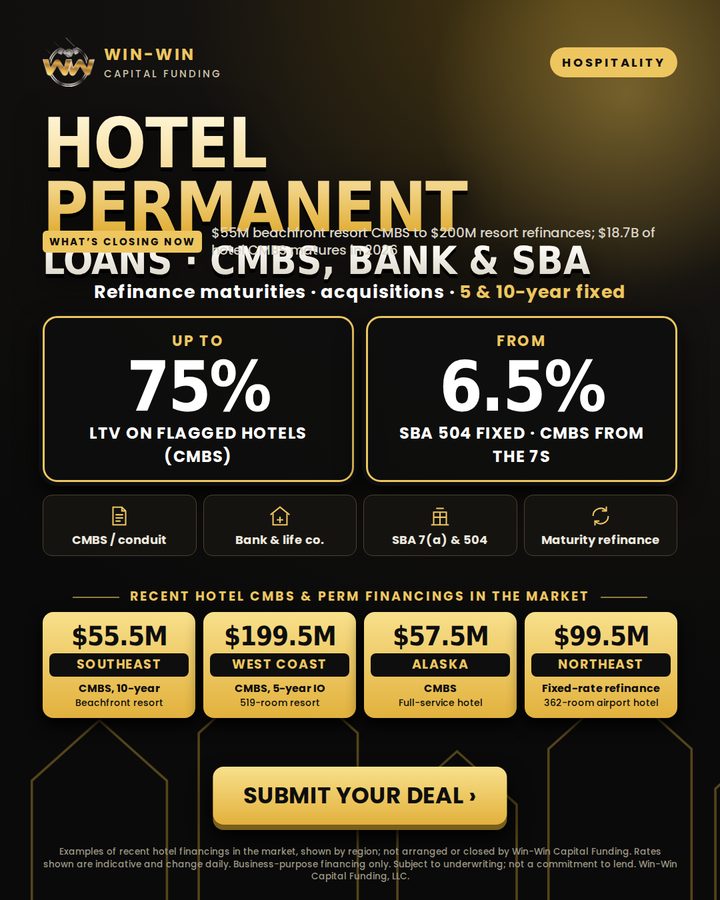 Hotel permanent loans: CMBS, bank & SBA flyer: Win-Win Capital Funding