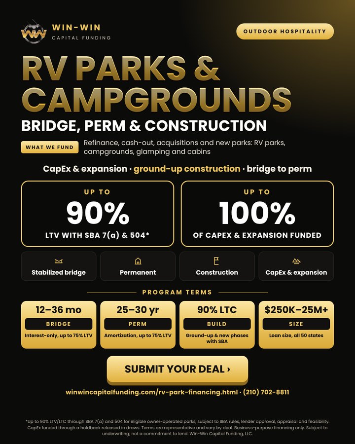 RV parks and campgrounds financing flyer: up to 90% LTV, CapEx, expansion, construction, bridge and perm
