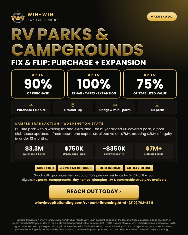 RV parks and campgrounds fix and flip flyer: 90% of purchase, 100% of CapEx, up to 75% of stabilized value