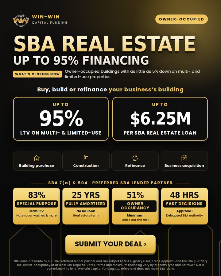SBA real estate: up to 95% financing flyer: Win-Win Capital Funding