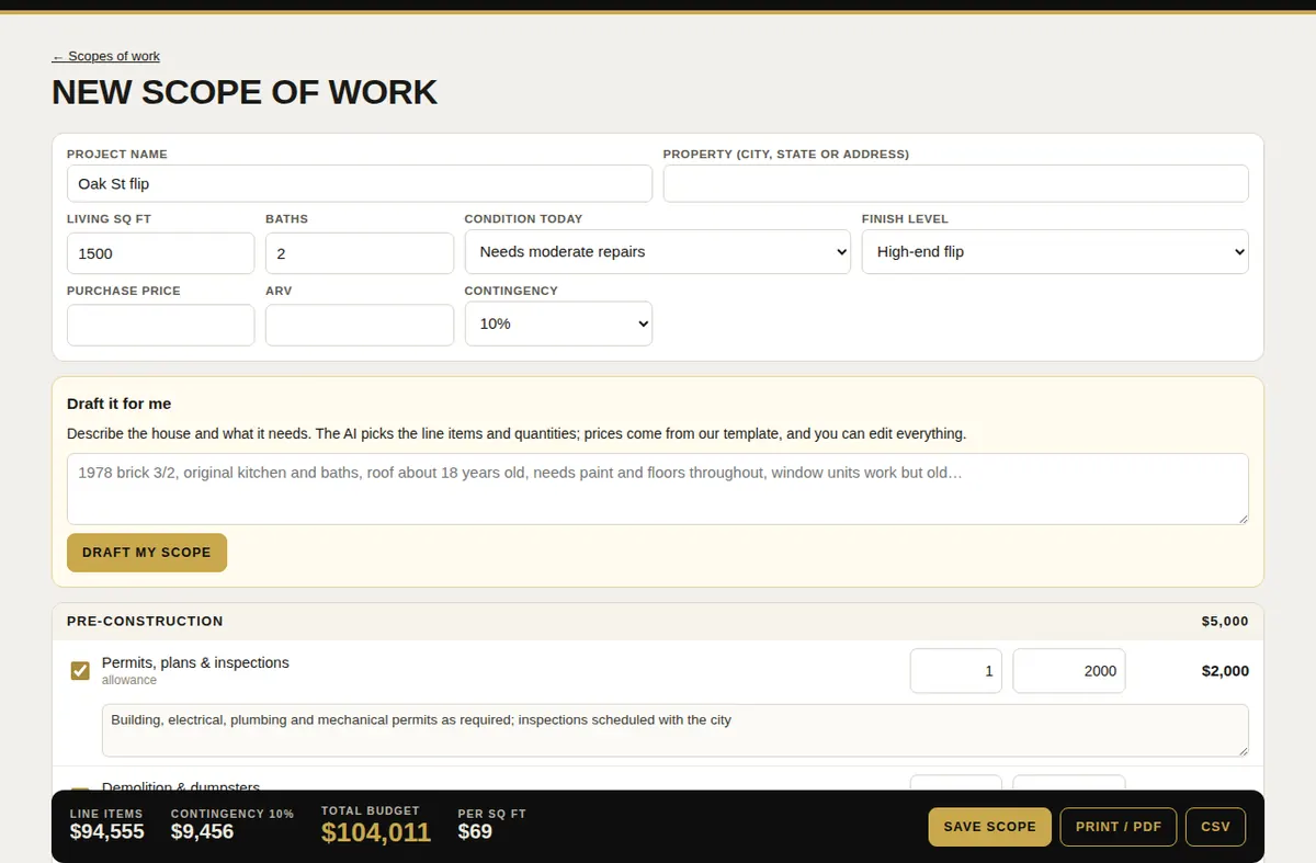 A lender-ready rehab budget in minutes screenshot