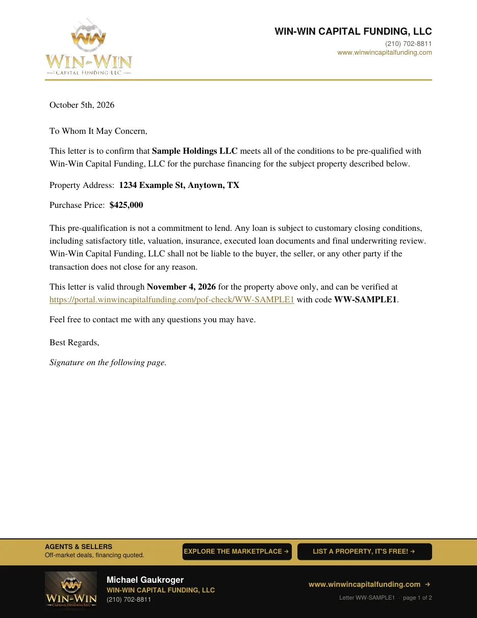 Sample Win-Win Capital Funding proof of funds letter
